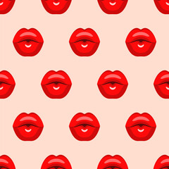 Seamless pattern with lips colored with red lipstick, blowing air kiss