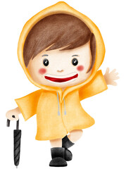 Vibrant Rainy Day Painting,Cute Kid in Yellow Raincoat