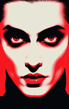Vampire Poster - A female vampire on a red background - screenprint style illustration using risograph textures - Horror