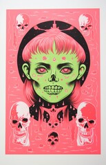 Gruesome green Zombie girl with pink hair. Lowbrow horror illustration in screenprint style print of quality paper.