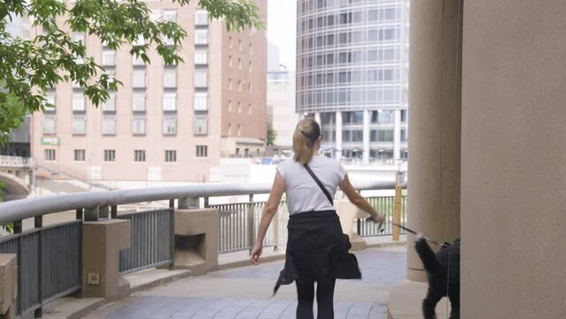 Young woman walking her dog through an urban, river front environment.  Shot in 4K
