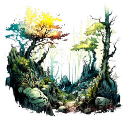 Watercolour Pine Landscape Scenery 