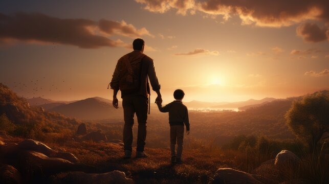 silhouette of father and son walking in mountains at sunset