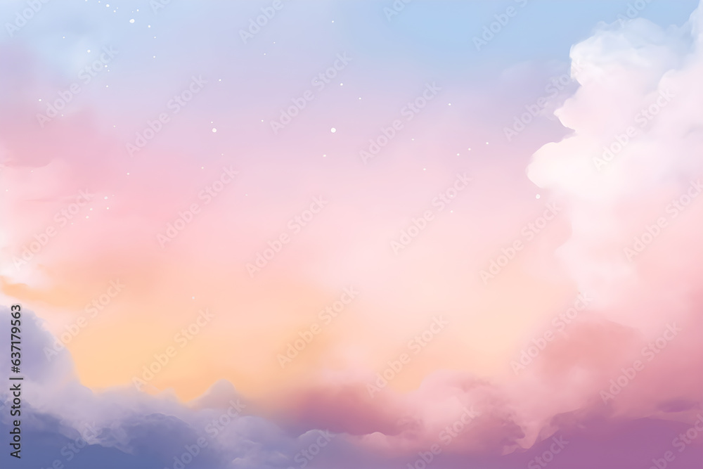 Wall mural abstract sky background with sugar cotton candy clouds on pastel gradient design, stars and moon in 