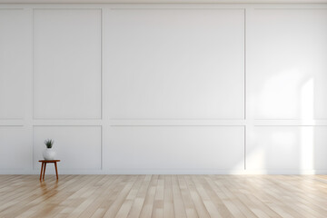 Minimal empty room mockup with white patterned wall, mockup with a wooden floor