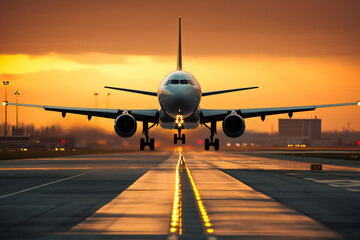 Fototapeta na wymiar Passenger plane taking off from airport, front view