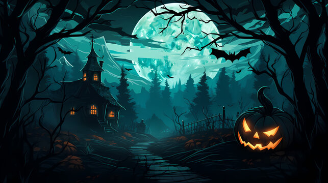 Halloween background with scary pumpkins  and house haunted  in a dark  night.  Spooky scary dark Night forrest. Holiday event halloween banner background concept