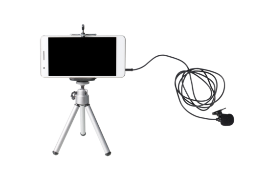 Mobile phone on Tripod with Wired mic for vlogs or Neckband for mobile phone for video vlog isolated on white background with clipping path include for design usage purpose.