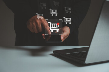 Online shopping concept. shopping order in online store, payment makes a purchase on the Internet, Online payment, Business financial technology. Hand touch on smartphone screen with cart icons.