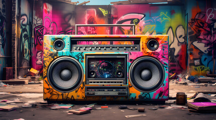 Vintage 80s ghetto blaster set against a vibrant, colorful graffiti wall on a littered city street, reflecting urban culture