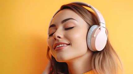 Carefree attractive girl with blond short hairstyle, listening music in headphones, standing over yellow background