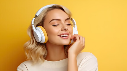 Fototapeta premium Carefree attractive girl with blond short hairstyle, listening music in headphones, standing over yellow background