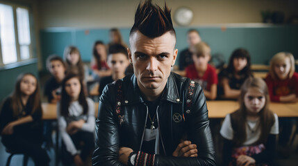 Punk delinquent teacher or older student staring into camera in classroom with school kids sitting behind him