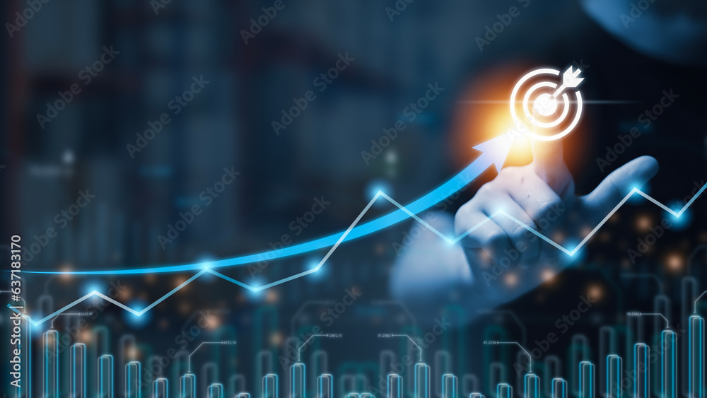 Poster analyzing company financial balance sheet working with digital virtual graphics businessman calculat