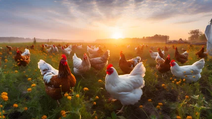 Tuinposter Sunrise pasture: Free-range chickens in a field of grass and flowers © Sunshine Design