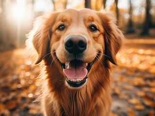 Cute golden retriever dog in autumn park. Happy pet.