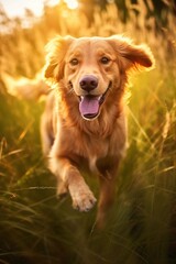 Golden Retriever dog running in the grass at sunset. Happy pet.