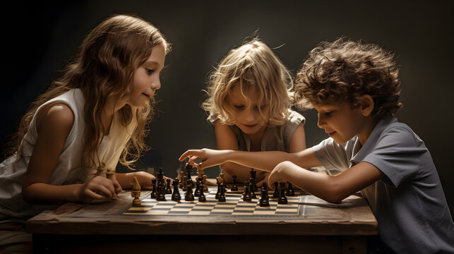 Three children engaged in a chess game indoors. Dark backdrop.