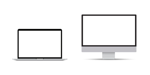 Set of realistic device screen mockup. laptop and computer monitor, with blank screen for you design. Vector illustration