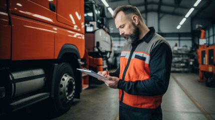 Serviceman with digital tablet on the background of the truck in the garage. Pretrip technical inspection, checklist