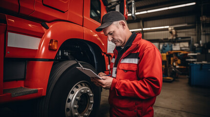 Serviceman with digital tablet on the background of the truck in the garage. Pretrip technical inspection, checklist