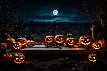 halloween background with pumpkin and bats in a scary night - Generative AI