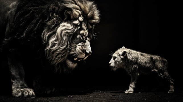 regal lions in a poignant moment of connection, isolated on black background. ideal image for nature documentaries, wildlife conservation projects, and animal behavior studies