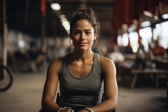 Female Paralympic Athlete, Portrait Of Young Caucasian Sport Woman With Disability Sitting On Wheelchair In Gym And Looking At Camera