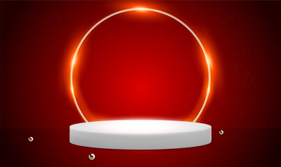 Abstract empty podium with golden ring frame and pearls on red room Background. Exhibition stage backdrop or empty product shelf. Mock up stand for product presentation. Advertising template. Vector.