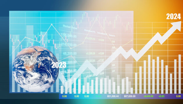 Global economics growth data diagram with graph, chart and candlesticks stock symbol from 2023 to 2024 with earth image from NASA for business presentation and report background.