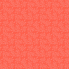Spring simple flower twigs Light pastel delicate romantic botanical pattern pink flowers and leaves on a coral background