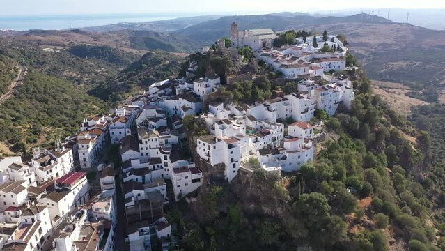 Drone photo of Casares, town in Malga province of Spain. View of buildings on cliffs.