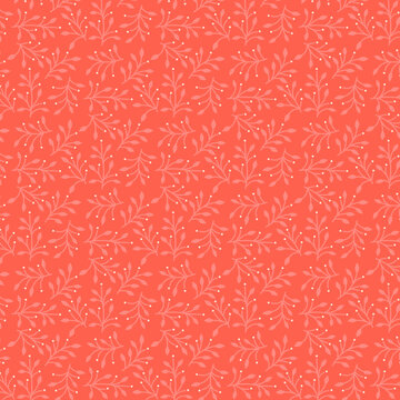 Spring simple flower twigs Light pastel delicate romantic botanical pattern pink flowers and leaves on a coral background