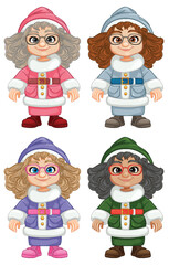 Cheerful Women in Santa Clothes Cartoon Characters