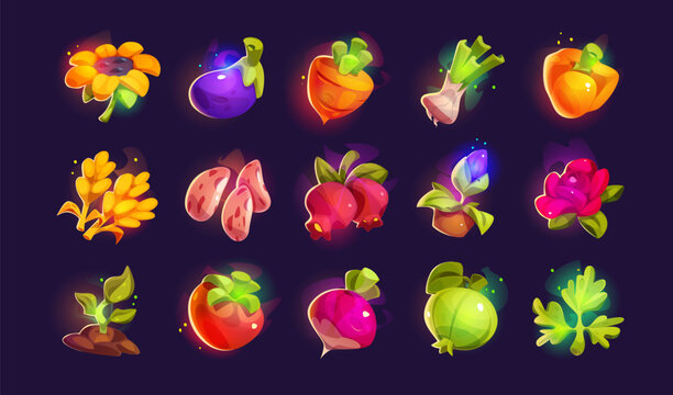 Farm and gardening ui game fruit and vegetable set. Isolated food item illustration for mibile app interface with glow and steam. Glossy sunflower, carrot, pepper and tomato with sparkle and mist