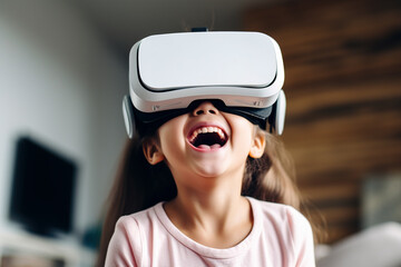 Little girl having fun time using VR glasses at home
