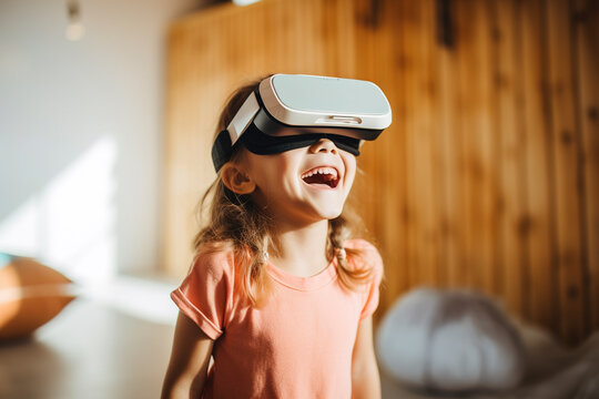 Little girl having fun time using VR glasses at home
