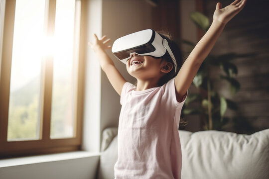 Little girl having fun time using VR glasses at home