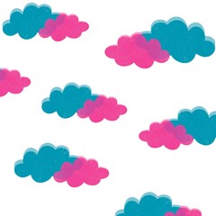 Clouds blue and pink on the white floor, Retro vector elements collection. Distort forms with patterns, risograph textures for fabric designs.
