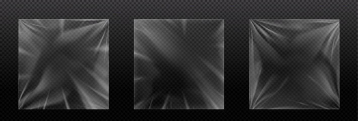 Realistic set of square vinyl record covers isolated on transparent background. Vector illustration of blank plastic frame with smooth glossy surface, cd disc package mockup, film bag, overlay effect