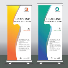 roll up banner template for business, vertical banner template, abstract vector illustration , abstract geometric standee banner, modern x-banner and pull up, vertical banner with blue and yellow