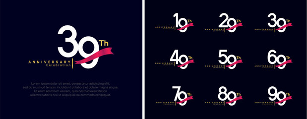 set of anniversary logo flat white color number and red ribbon on dark blue background for celebration