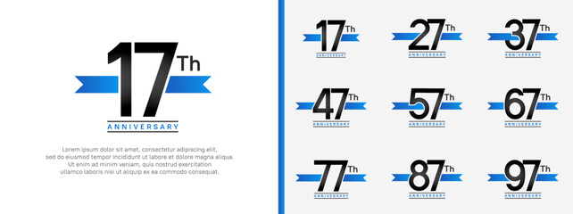 set of anniversary logo flat black color number and blue ribbon on white background for celebration