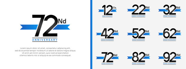 set of anniversary logo flat black color number and blue ribbon on white background for celebration