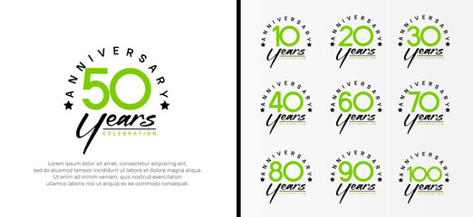 set of anniversary logo flat green color number and black text on white background for celebration