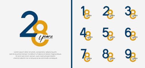 set of anniversary logo dark blue and orange color number on white background for celebration