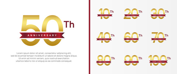 Fototapeta premium set of anniversary logo golden color number and red ribbon on white background for celebration