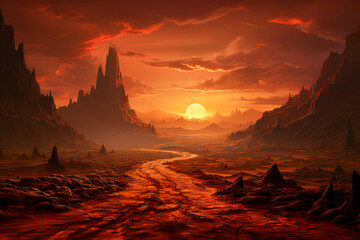 Dramatic Sunset over Rocky Landscape
