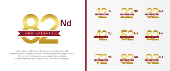 set of anniversary logo golden color number and red ribbon on white background for celebration