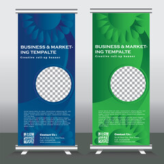 Roll Up Banner Stand Design with Abstract Geometric Colorful. green and blue color standee design, vertical banner, x standee Banner Template. Presentation and Brochure Flyer. Vector pull up